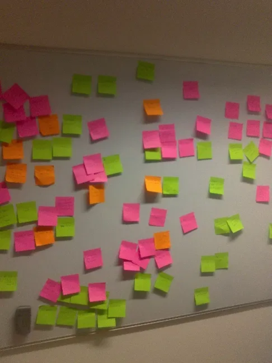 How Might We workshop wall covered in sticky notes