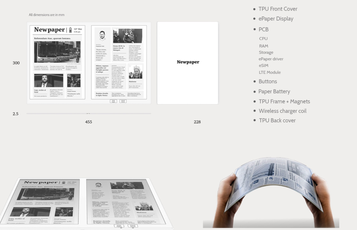 Tangible product, all dimensions in mm, 455 by 300 open and 228 folded, E-Ink technology components list, flat and flexed renders