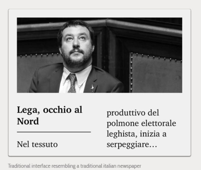 Interface card resembling a traditional Italian newspaper article