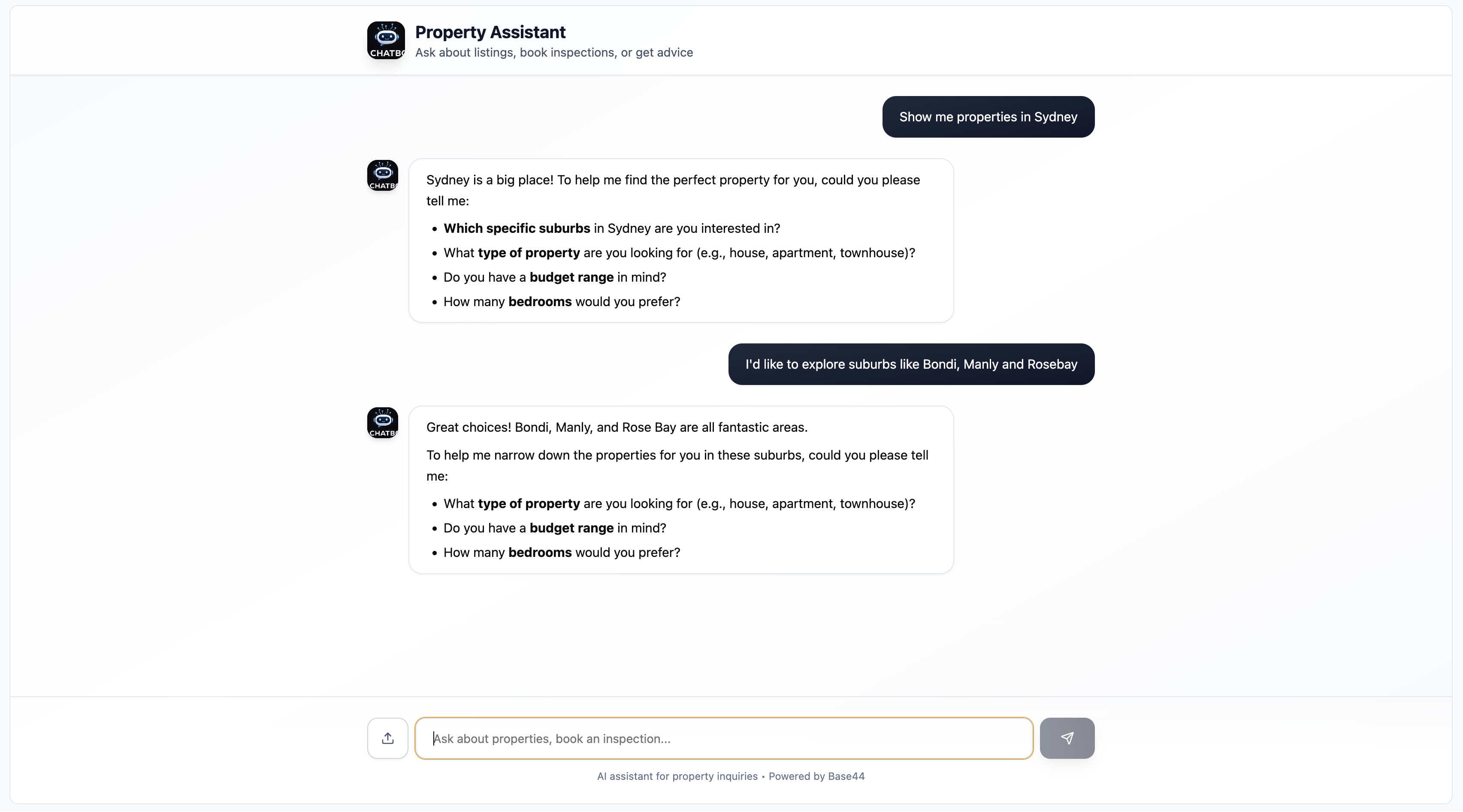 Guided discovery conversation qualifying suburbs, budget and bedrooms